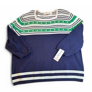 Alfred Dunner Navy and Green embroidered and beaded Striped Sweater size 2X